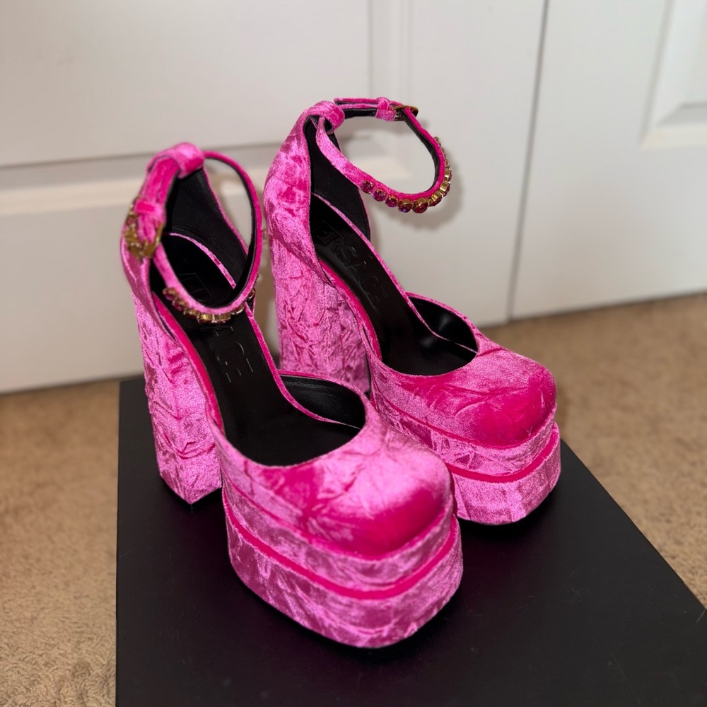 Versace Pink Velvet Platform Heels